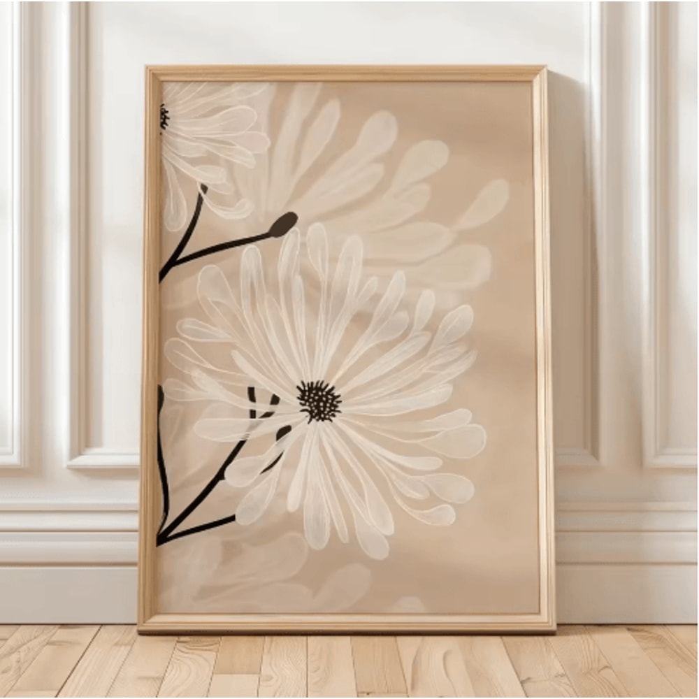 Retro Beige Floral Line Wall Art Minimalist Neutral Canvas Print Frameless 22