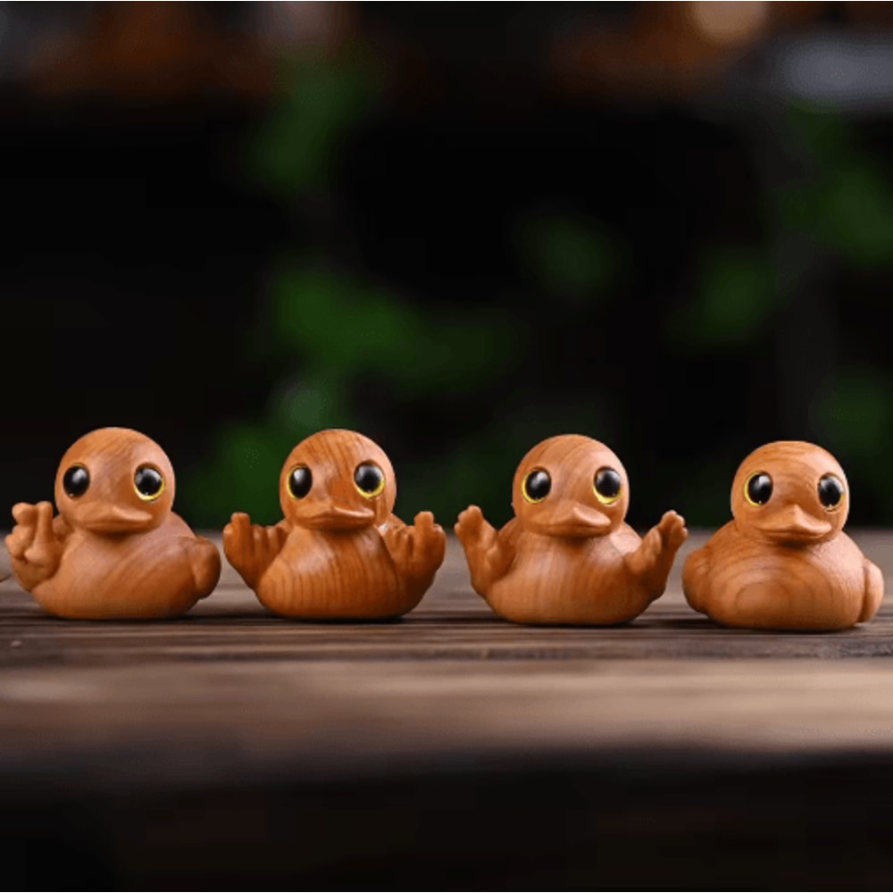 HandCarved Wooden Duck Figurine Cute Cartoon Desk Ornament In Solid Wood 0