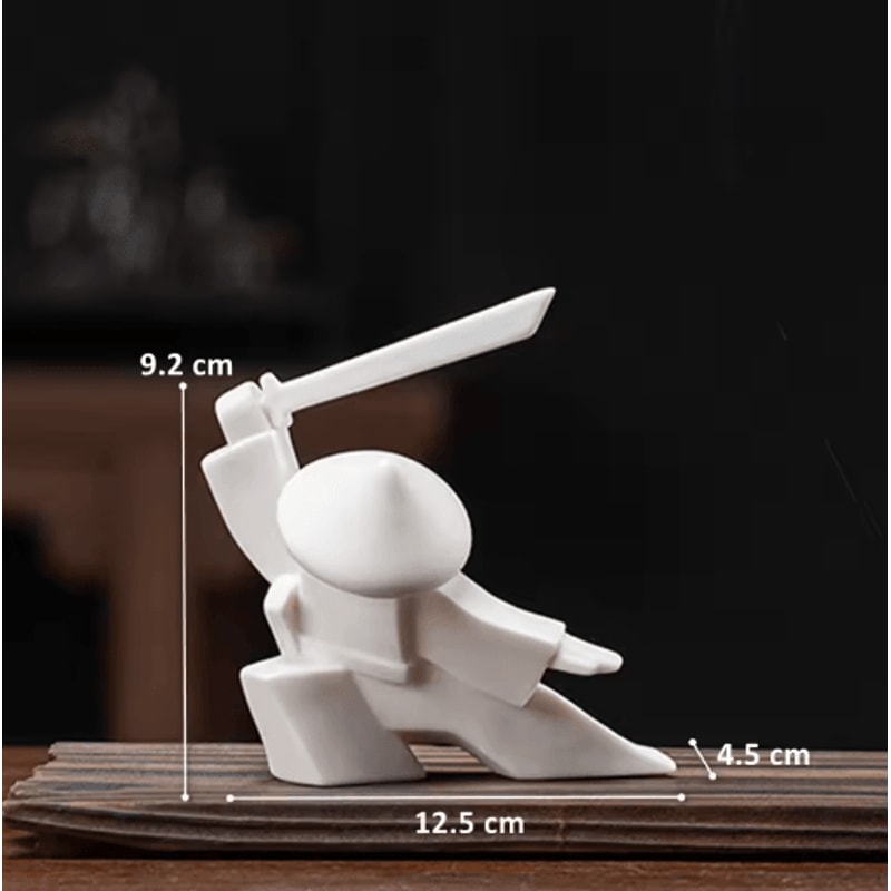 White Ceramic Samurai Figurine Blanc De Chine Geometric Oriental Warrior Decor 21