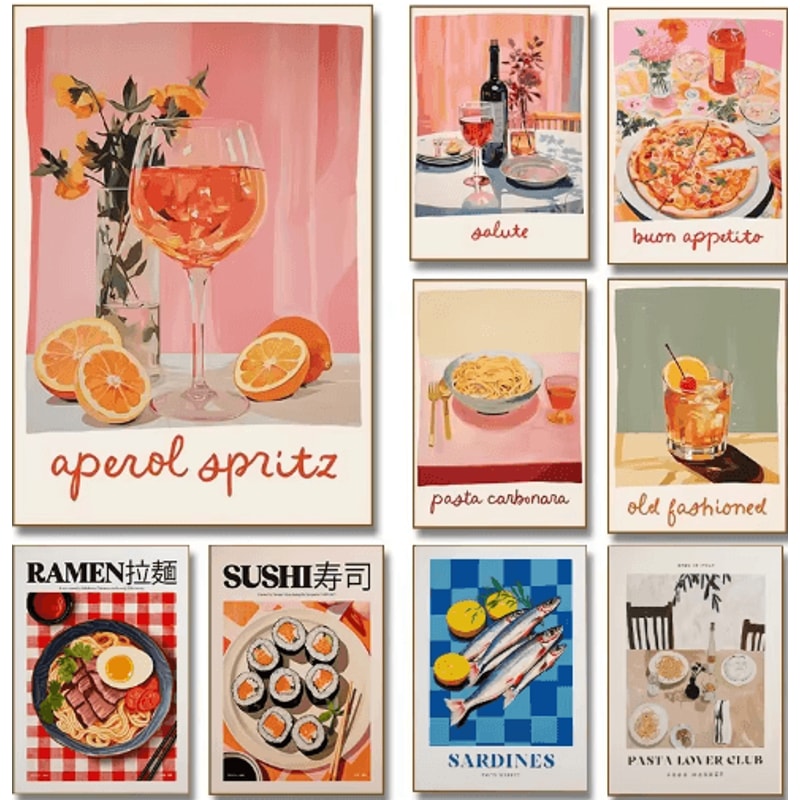 Aperol Spritz Pizza Cocktail Kitchen Wall Art Italian Food Canvas Poster 0