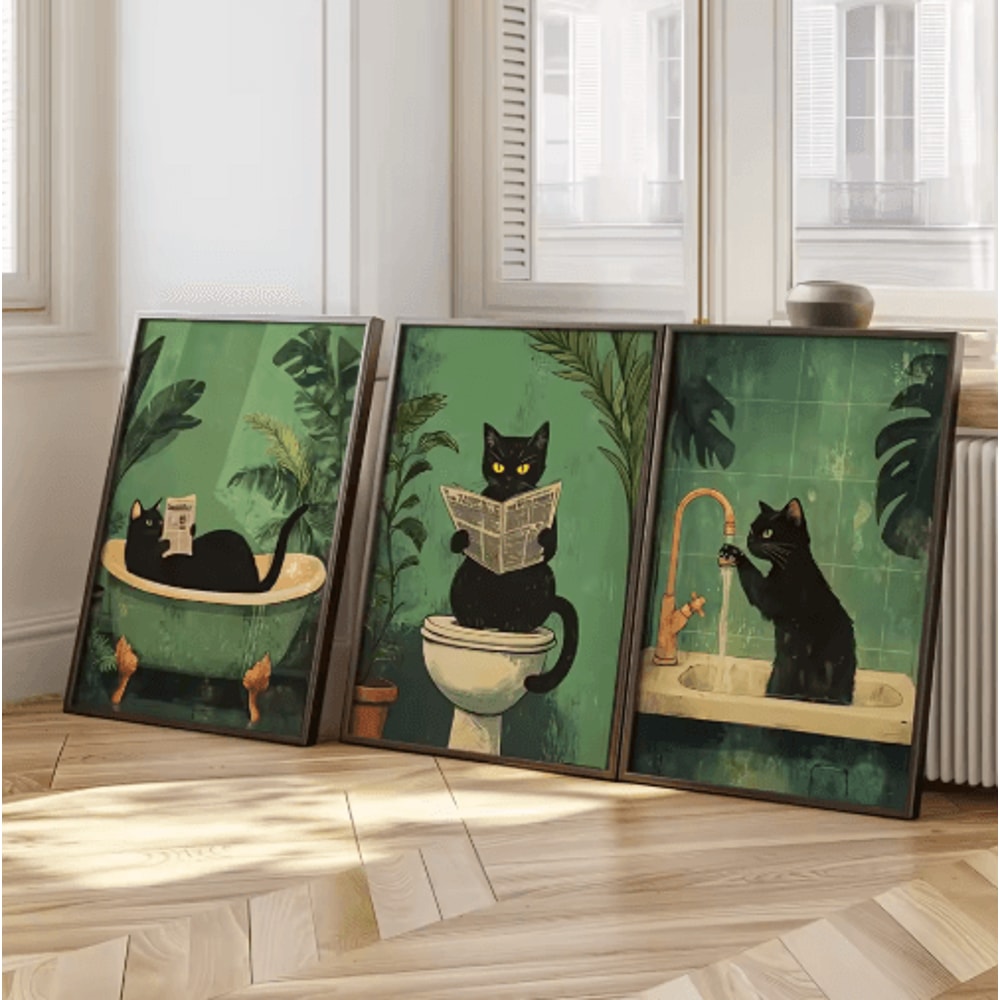 Set Of 3 Black Cat Wall Art Funny Vintage Bathroom Canvas Prints Unframed 1