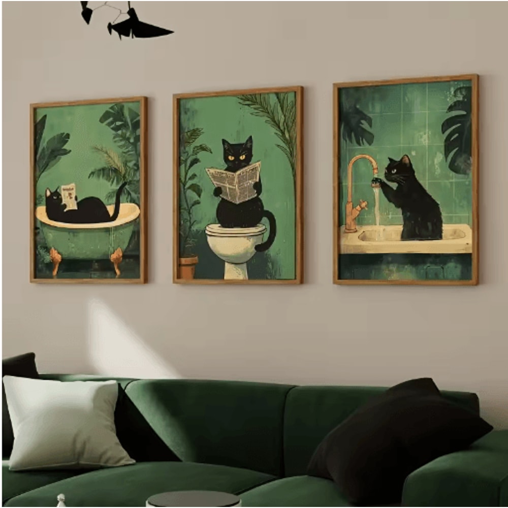Set Of 3 Black Cat Wall Art Funny Vintage Bathroom Canvas Prints Unframed 5