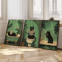 set of 3 black cat wall art – funny vintage bathroom canvas prints (unframed)