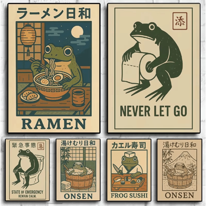 Retro Funny Frog Wall Art Japanese Woodblock Sushi Bathroom Poster 0
