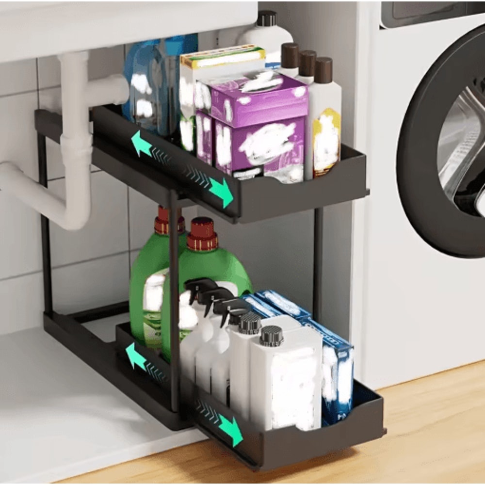 DoubleLayer PullOut Under Sink Storage Rack Multifunction Kitchen Organizer With Hooks 2