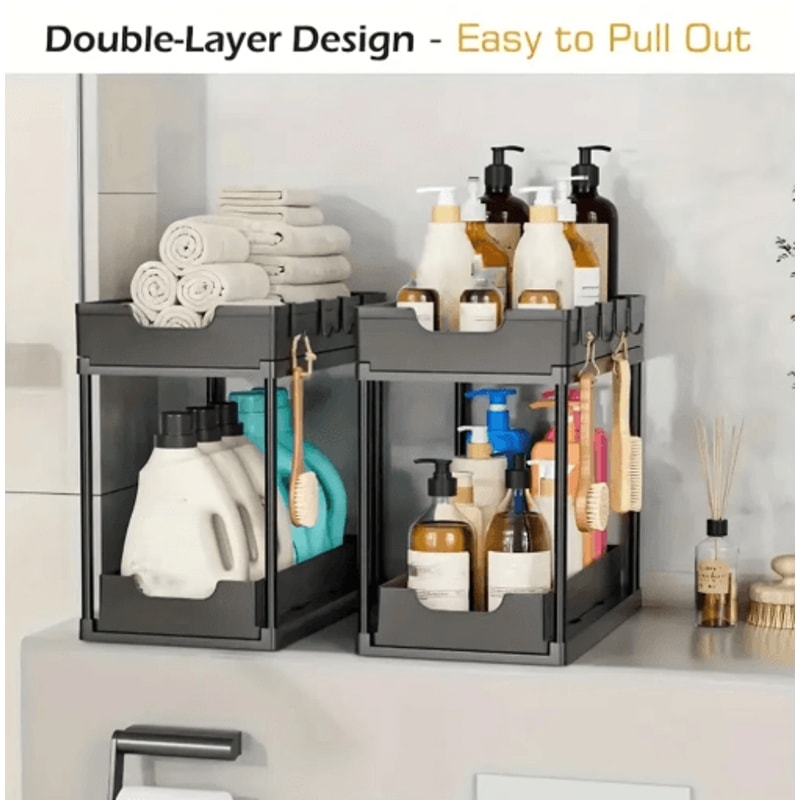 DoubleLayer PullOut Under Sink Storage Rack Multifunction Kitchen Organizer With Hooks 4
