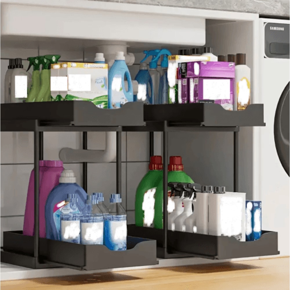 DoubleLayer PullOut Under Sink Storage Rack Multifunction Kitchen Organizer With Hooks 5