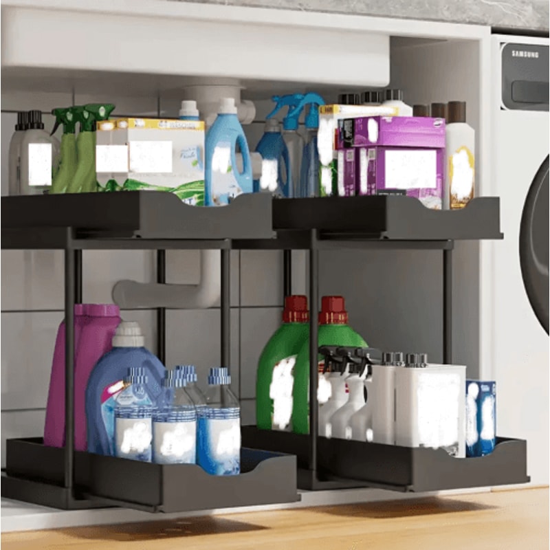 DoubleLayer PullOut Under Sink Storage Rack Multifunction Kitchen Organizer With Hooks 5