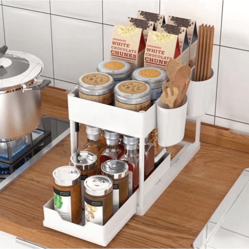DoubleLayer PullOut Under Sink Storage Rack Multifunction Kitchen Organizer With Hooks 6