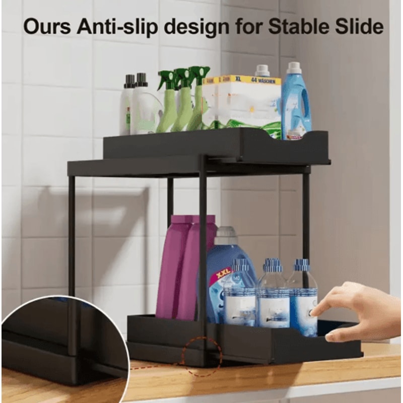 DoubleLayer PullOut Under Sink Storage Rack Multifunction Kitchen Organizer With Hooks 0