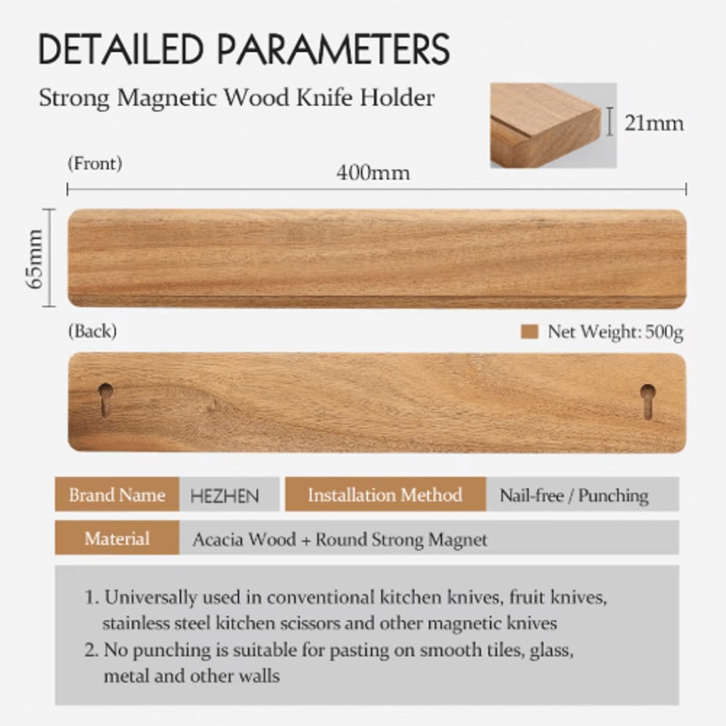 Hezhen Acacia Wood Magnetic Knife Holder 400mm Wall Mounted Knife Rack 5