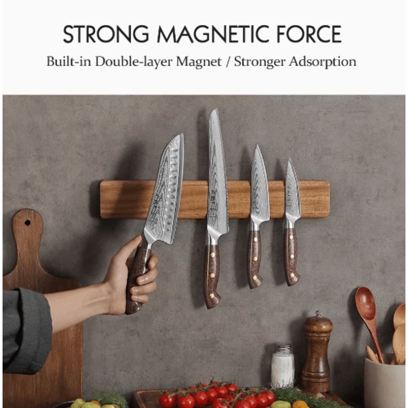 Hezhen Acacia Wood Magnetic Knife Holder 400mm Wall Mounted Knife Rack 6