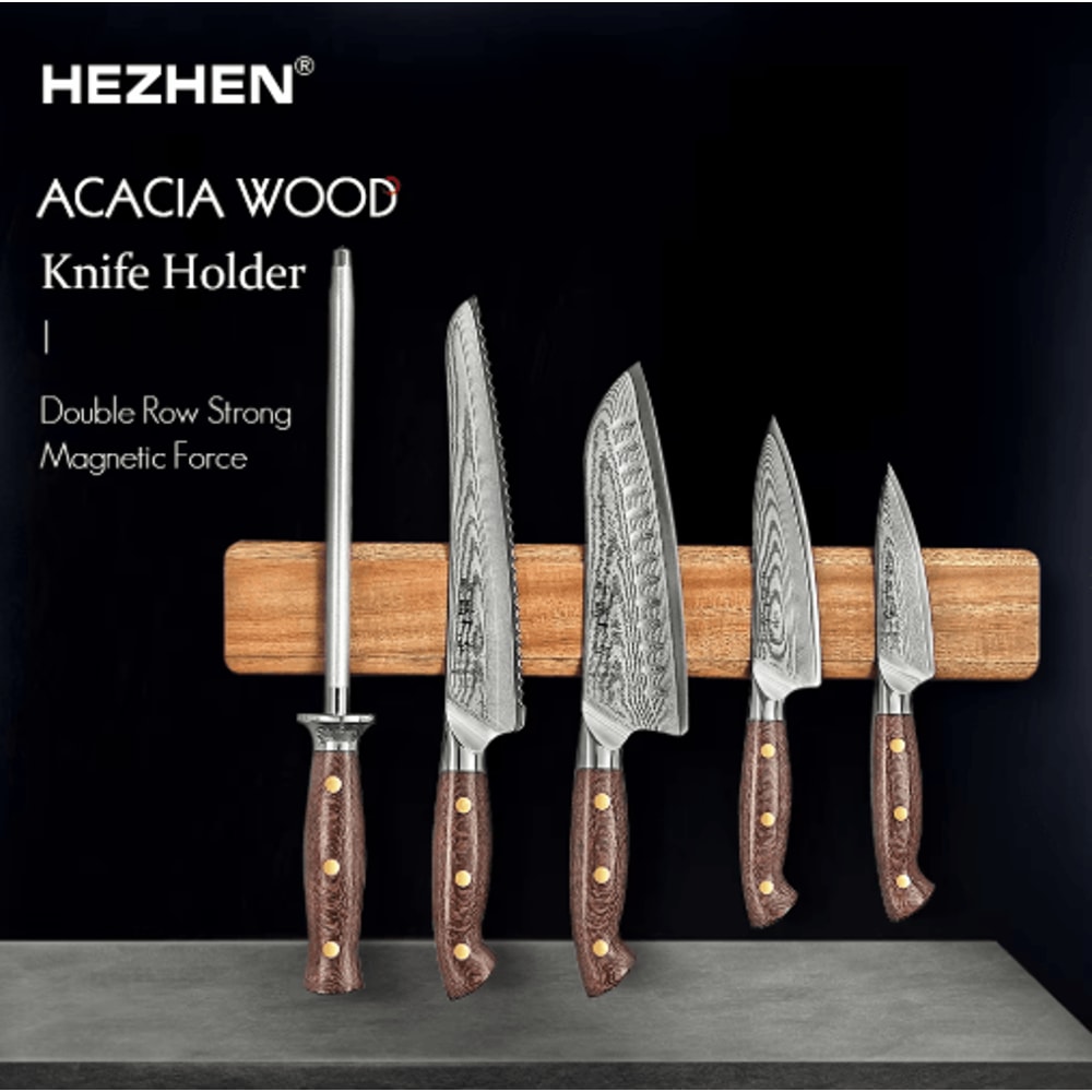Hezhen Acacia Wood Magnetic Knife Holder 400mm Wall Mounted Knife Rack 0