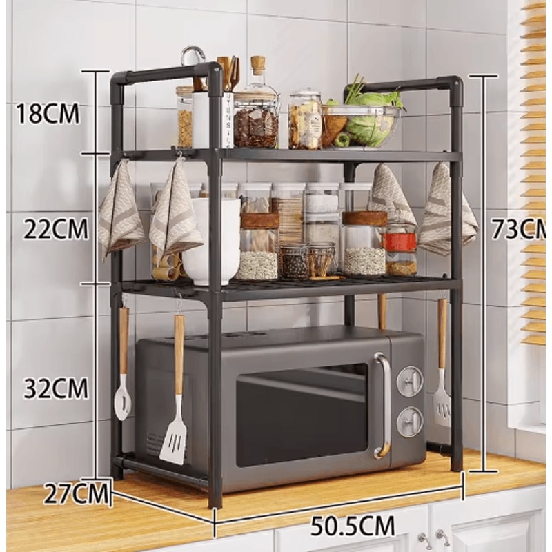 Adjustable Microwave Storage Rack MultiPurpose Kitchen Shelf With Hooks 1