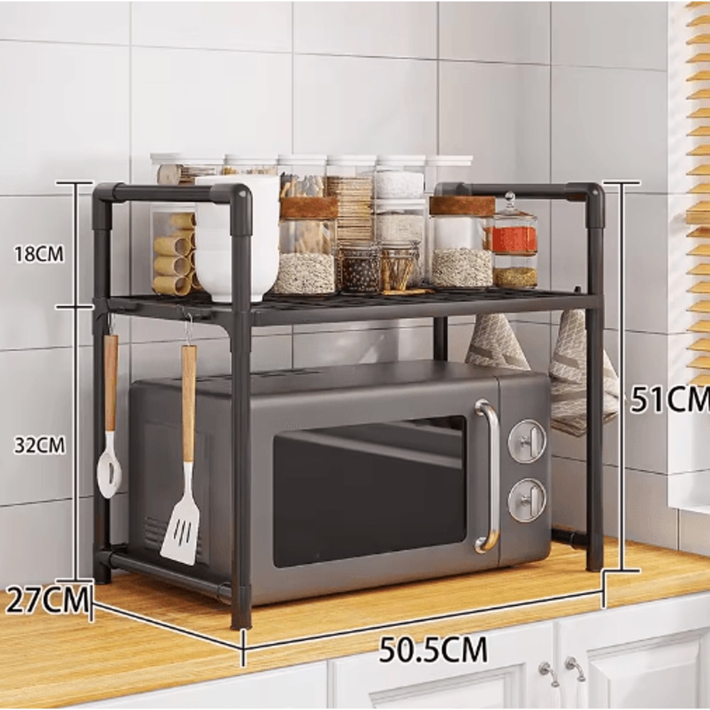 Adjustable Microwave Storage Rack MultiPurpose Kitchen Shelf With Hooks 2