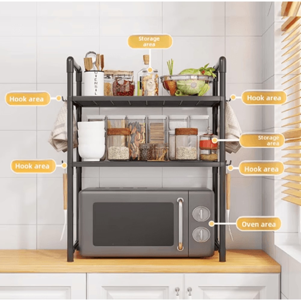 Adjustable Microwave Storage Rack MultiPurpose Kitchen Shelf With Hooks 3