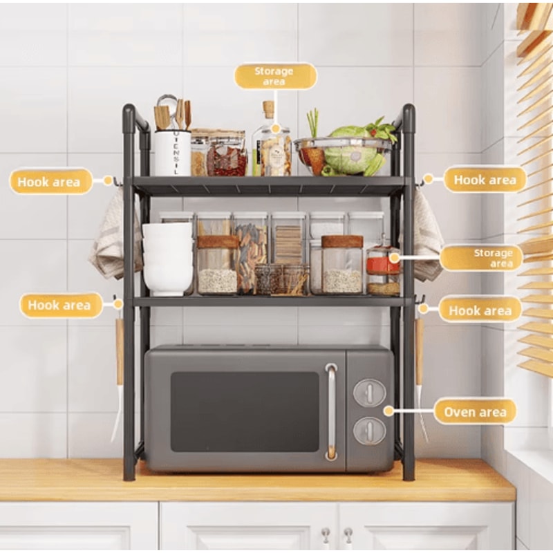 Adjustable Microwave Storage Rack MultiPurpose Kitchen Shelf With Hooks 3
