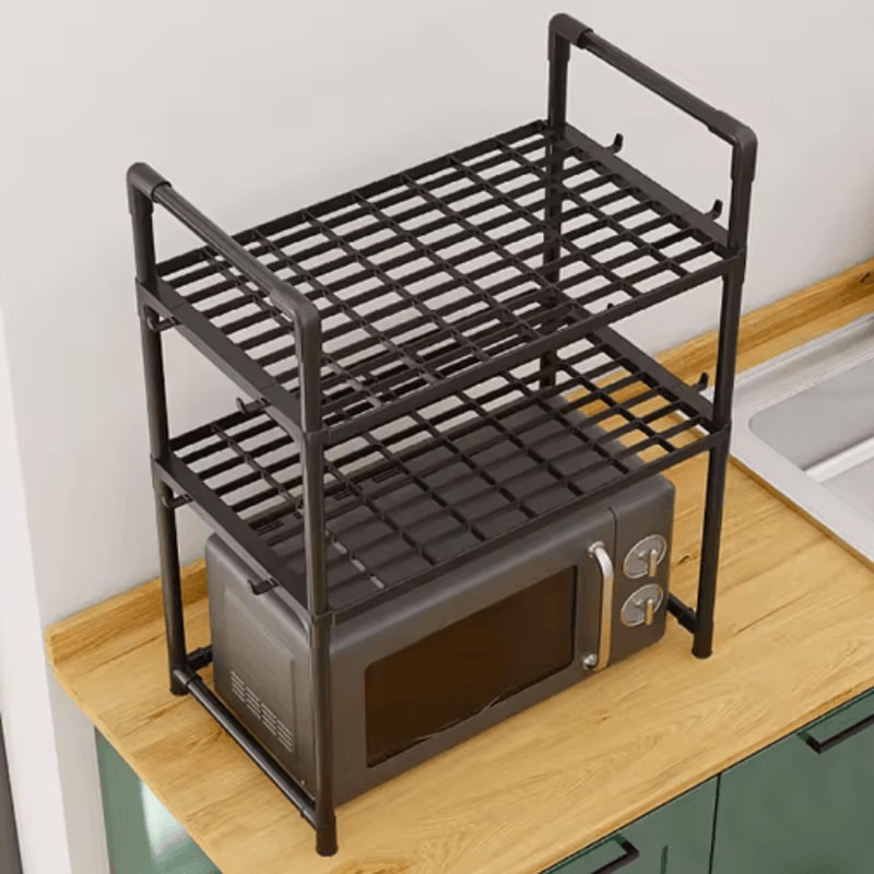Adjustable Microwave Storage Rack MultiPurpose Kitchen Shelf With Hooks 4