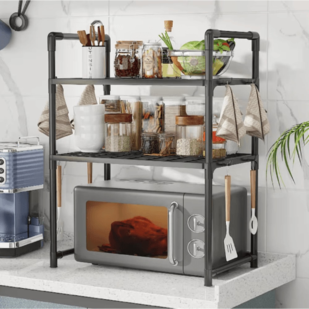 Adjustable Microwave Storage Rack MultiPurpose Kitchen Shelf With Hooks 6