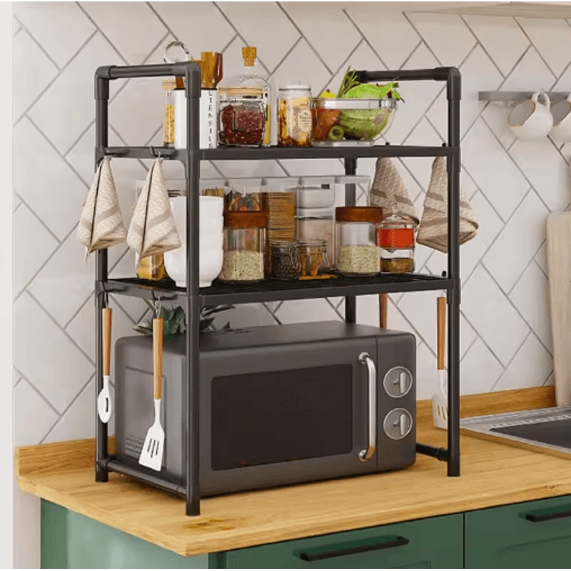 Adjustable Microwave Storage Rack MultiPurpose Kitchen Shelf With Hooks 0