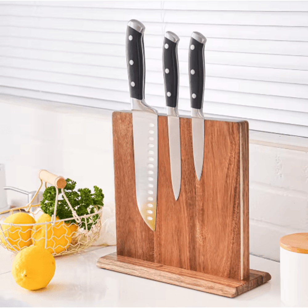 Acacia Wood Magnetic Knife Block Strong Magnet Kitchen Knife Stand 4