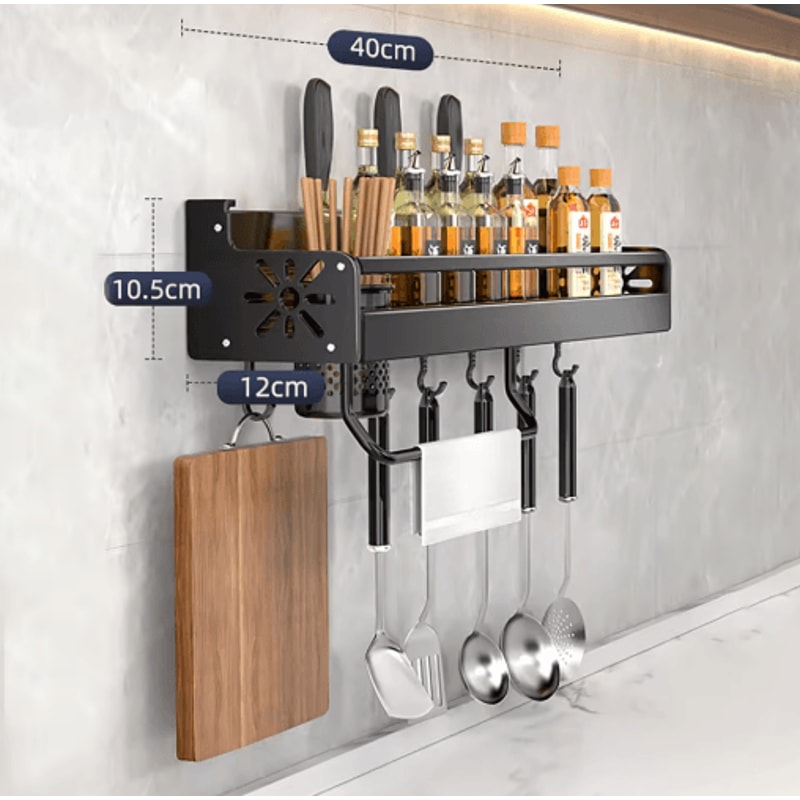 NoDrill Metal Kitchen Shelf Large Capacity WallMounted Utensil Rack 8