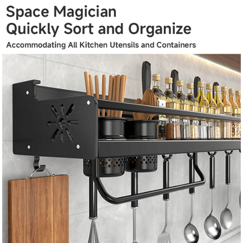 NoDrill Metal Kitchen Shelf Large Capacity WallMounted Utensil Rack 0