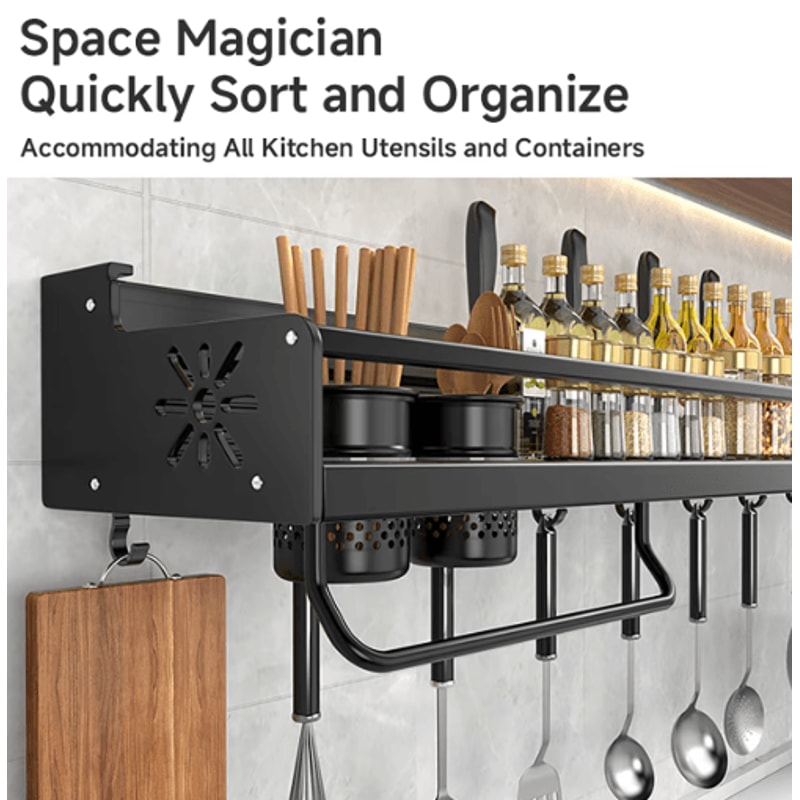 NoDrill Metal Kitchen Shelf Large Capacity WallMounted Utensil Rack 0