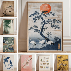 japanese crane ukiyo-e poster – vintage red sun traditional wall art