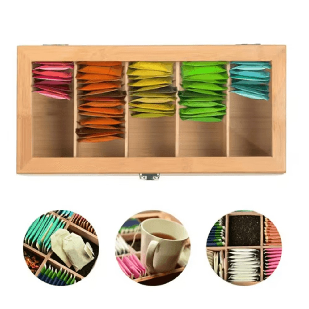 Bamboo Tea Bag Storage Box 5Compartment Organizer For Tea Spices 4