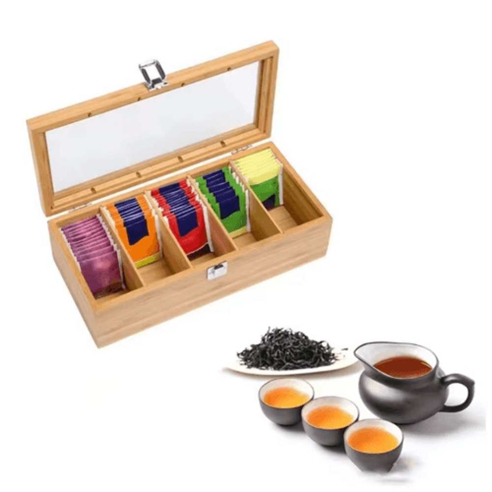 Bamboo Tea Bag Storage Box 5Compartment Organizer For Tea Spices 6