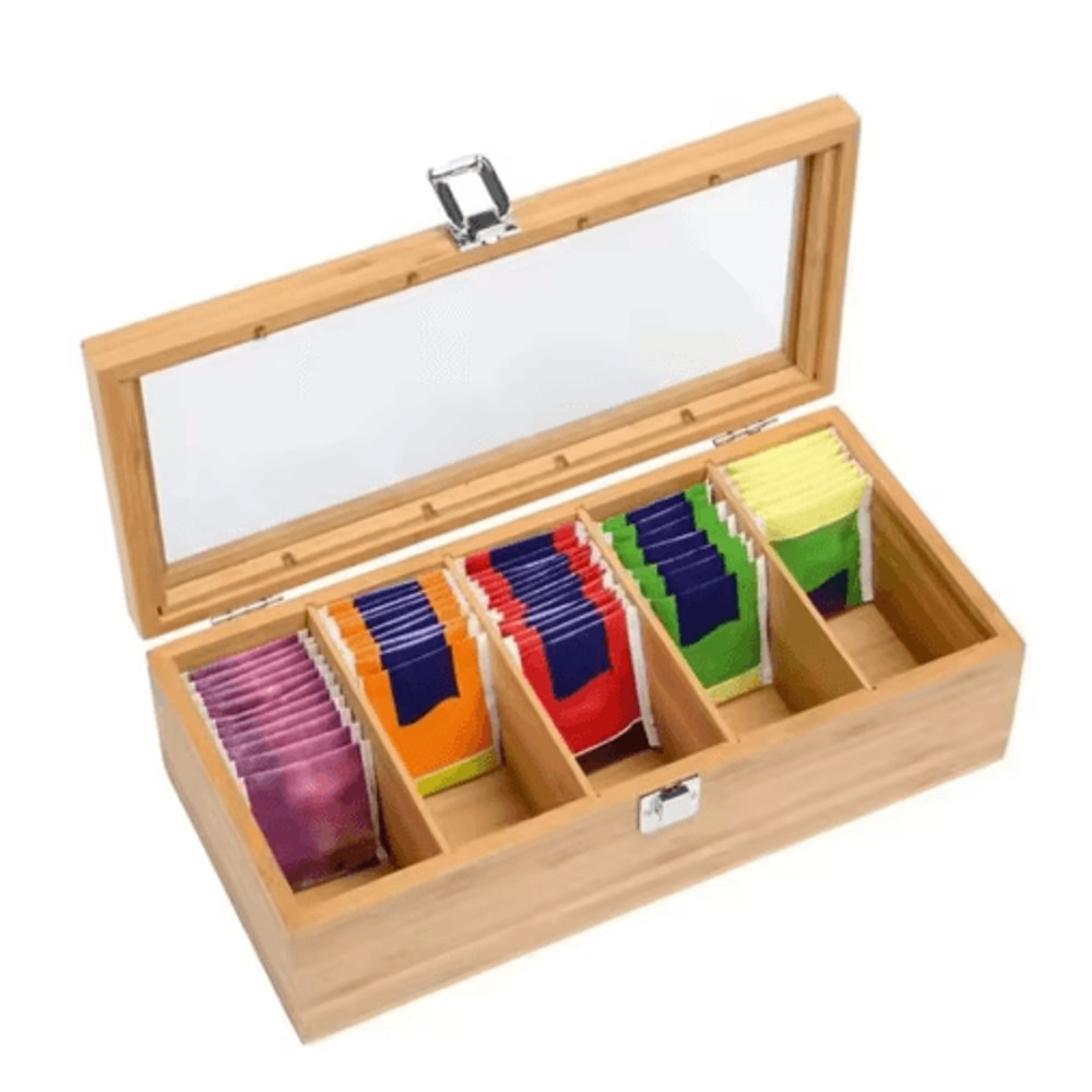 Bamboo Tea Bag Storage Box 5Compartment Organizer For Tea Spices 0