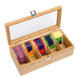bamboo tea bag storage box – 5-compartment organizer for tea & spices