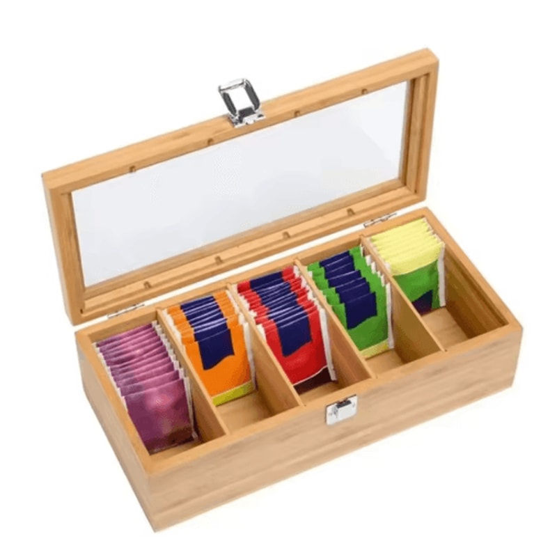 Bamboo Tea Bag Storage Box 5Compartment Organizer For Tea Spices 0