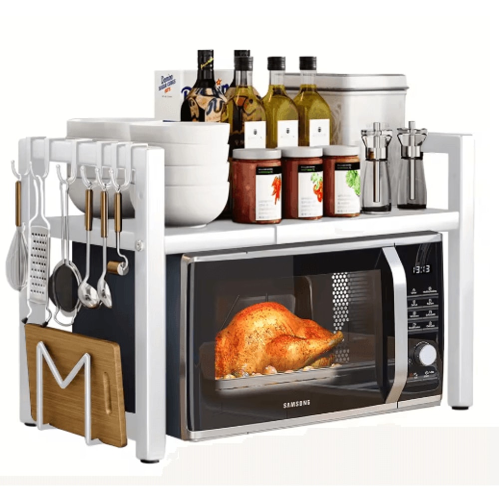 Expandable Microwave Shelf Rack Adjustable Kitchen Organizer With 6 Hooks 1