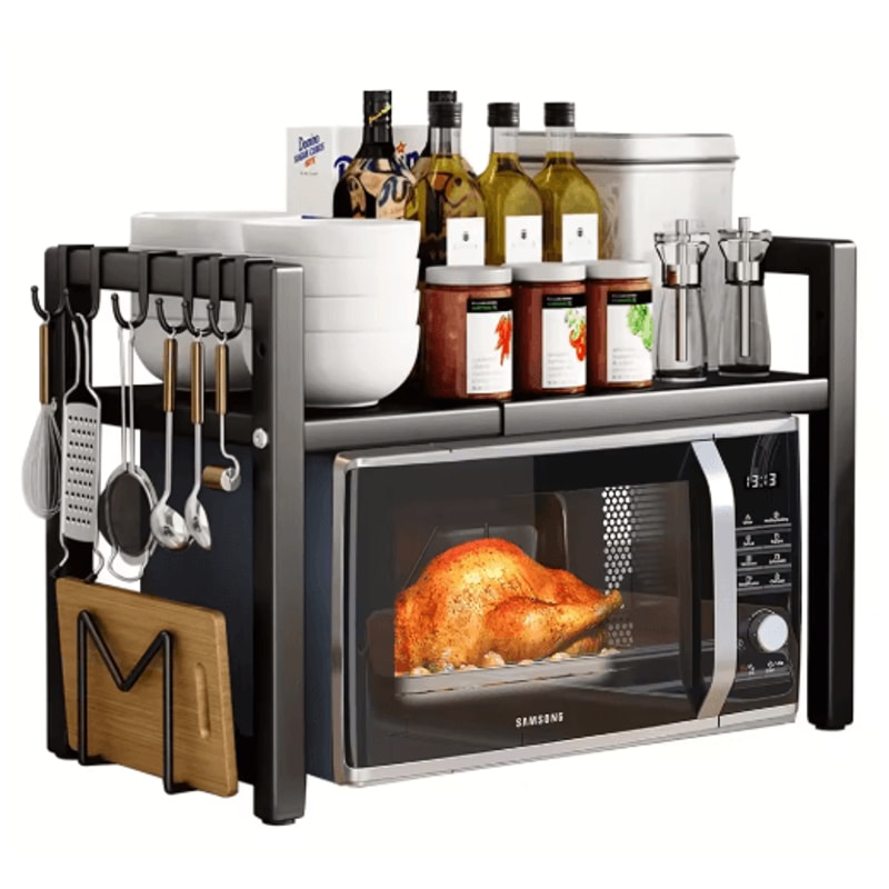 Expandable Microwave Shelf Rack Adjustable Kitchen Organizer With 6 Hooks 2