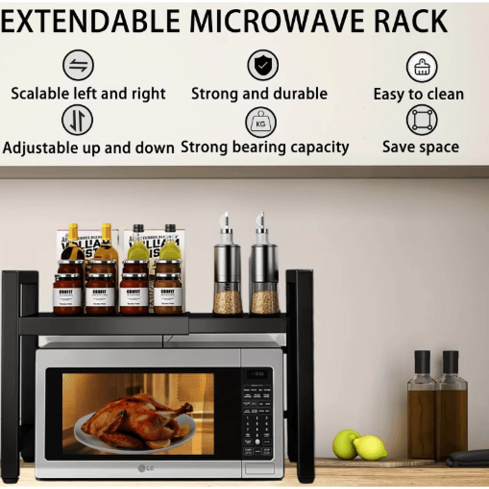 Expandable Microwave Shelf Rack Adjustable Kitchen Organizer With 6 Hooks 7