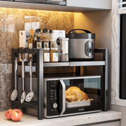 expandable microwave shelf rack – adjustable kitchen organizer with 6 hooks