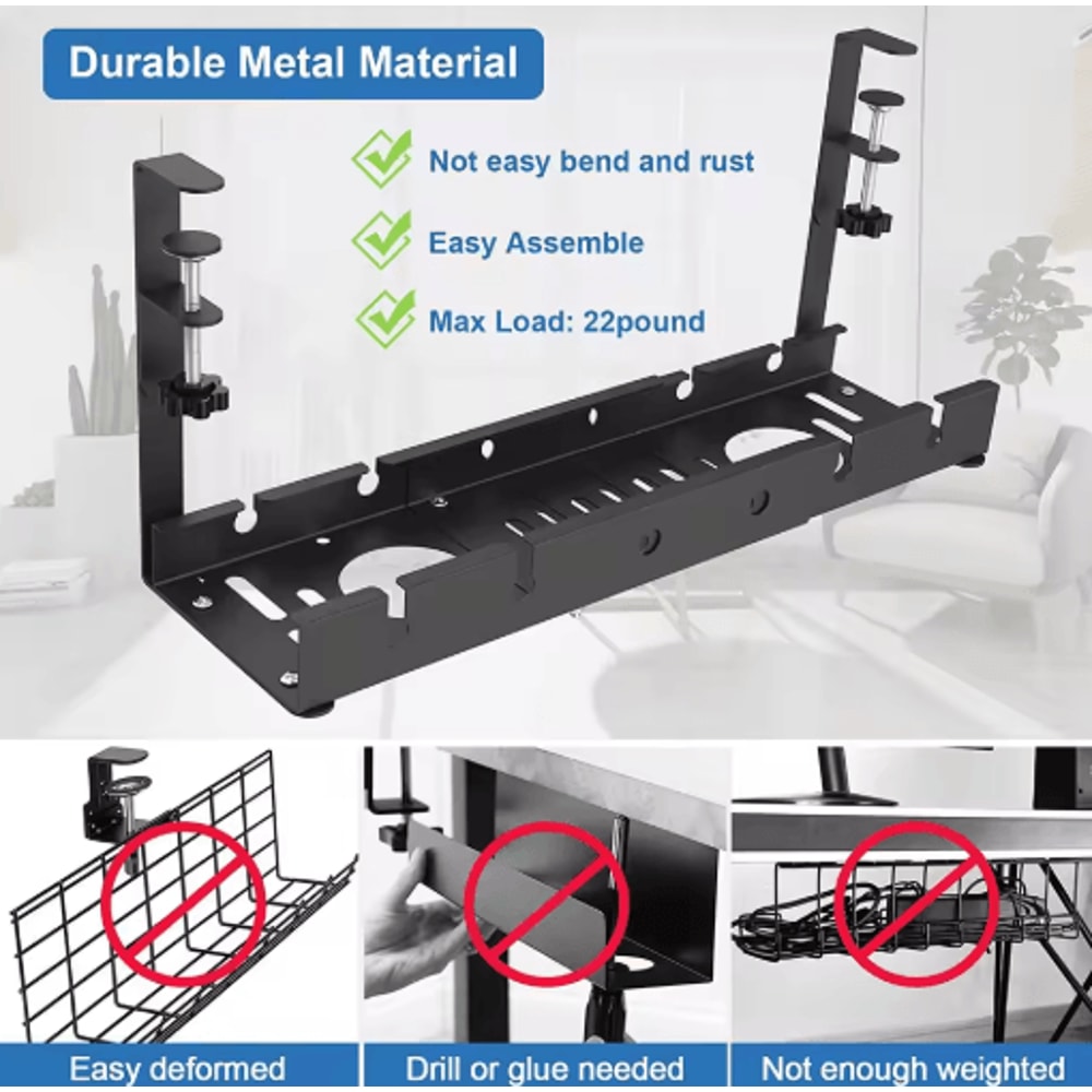 Telescopic Under Desk Cable Organizer Tray NoDrill Metal Wire Management Rack 6
