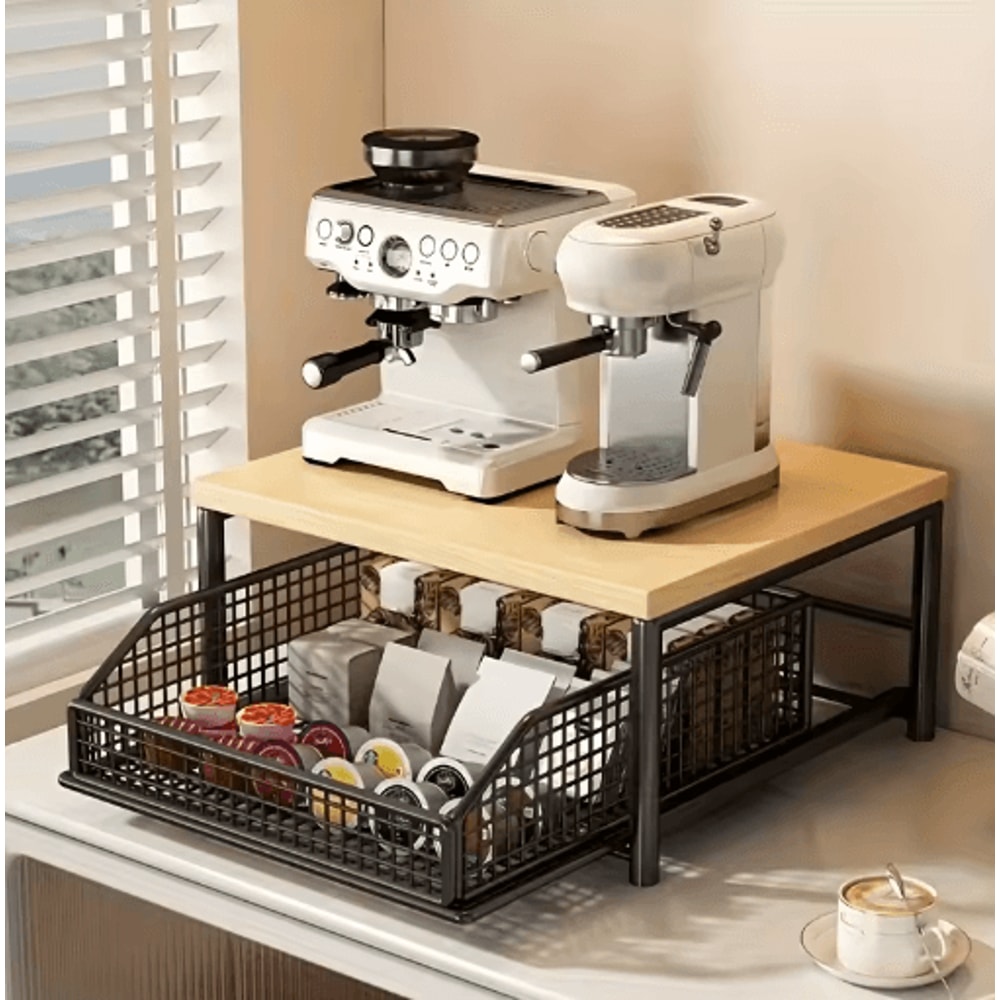 Modern Wood Metal Microwave Storage Rack Space Saving Countertop Organizer 0