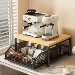 modern wood & metal microwave storage rack space saving countertop organizer