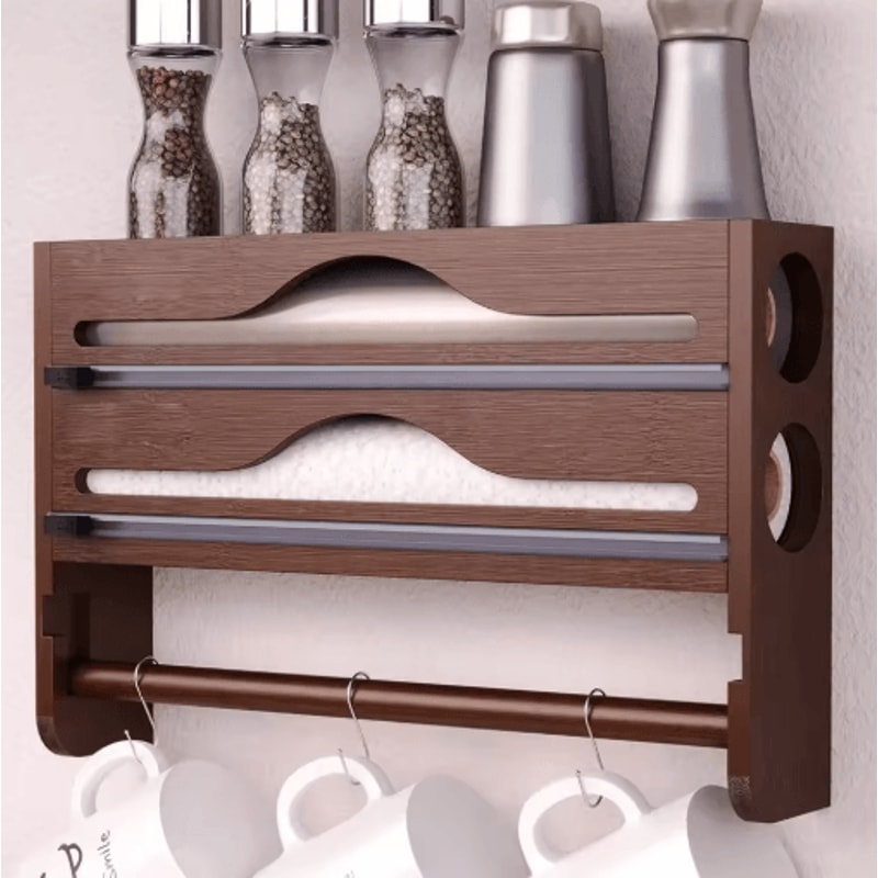 Bamboo Foil Cling Film Dispenser 2Compartment Wall Mounted Kitchen Organizer 6