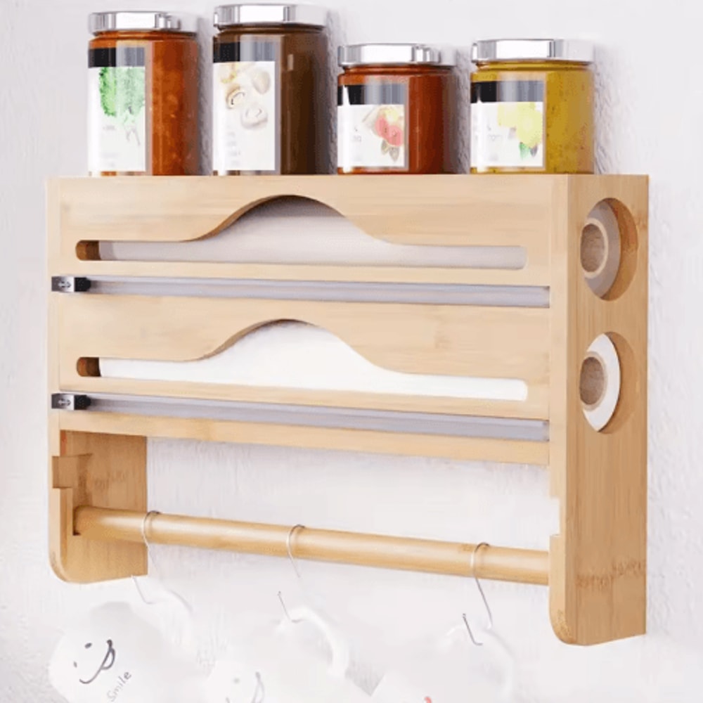 Bamboo Foil Cling Film Dispenser 2Compartment Wall Mounted Kitchen Organizer 0