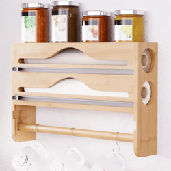 bamboo foil & cling film dispenser – 2-compartment wall mounted kitchen organizer