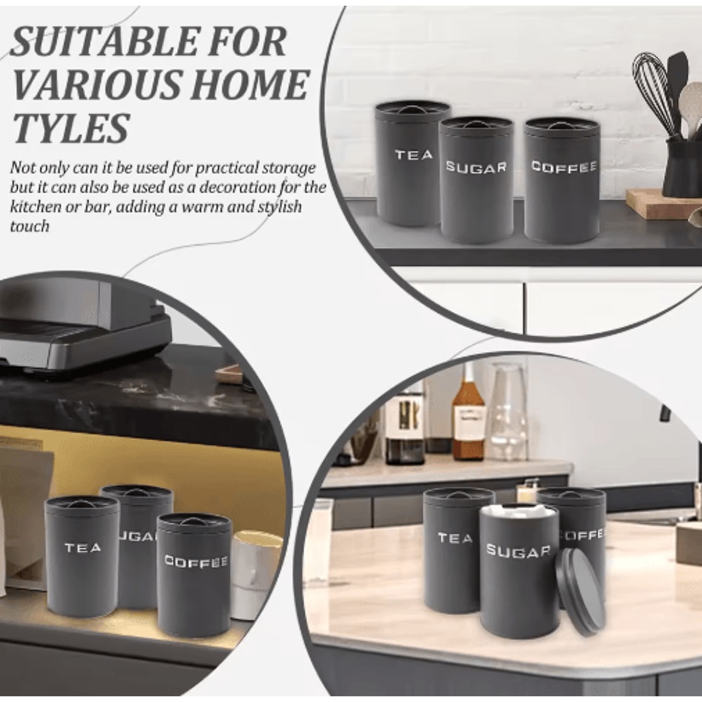 Airtight Coffee Tea Sugar Canister Set 3pcs Kitchen Countertop Storage Jars 7