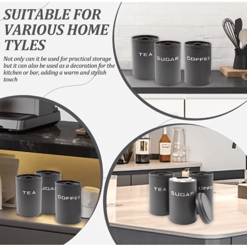Airtight Coffee Tea Sugar Canister Set 3pcs Kitchen Countertop Storage Jars 7