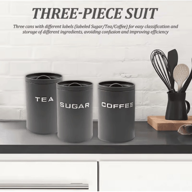 Airtight Coffee Tea Sugar Canister Set 3pcs Kitchen Countertop Storage Jars 9