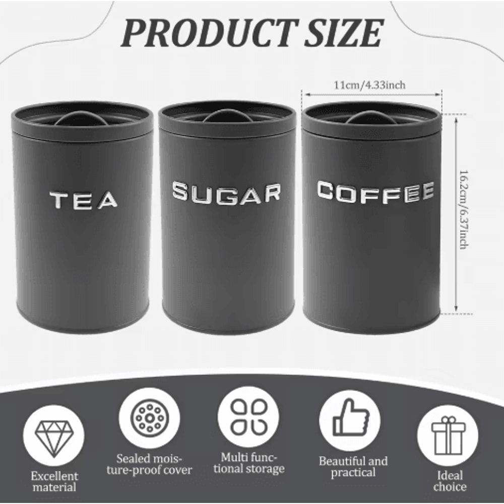 Airtight Coffee Tea Sugar Canister Set 3pcs Kitchen Countertop Storage Jars 11