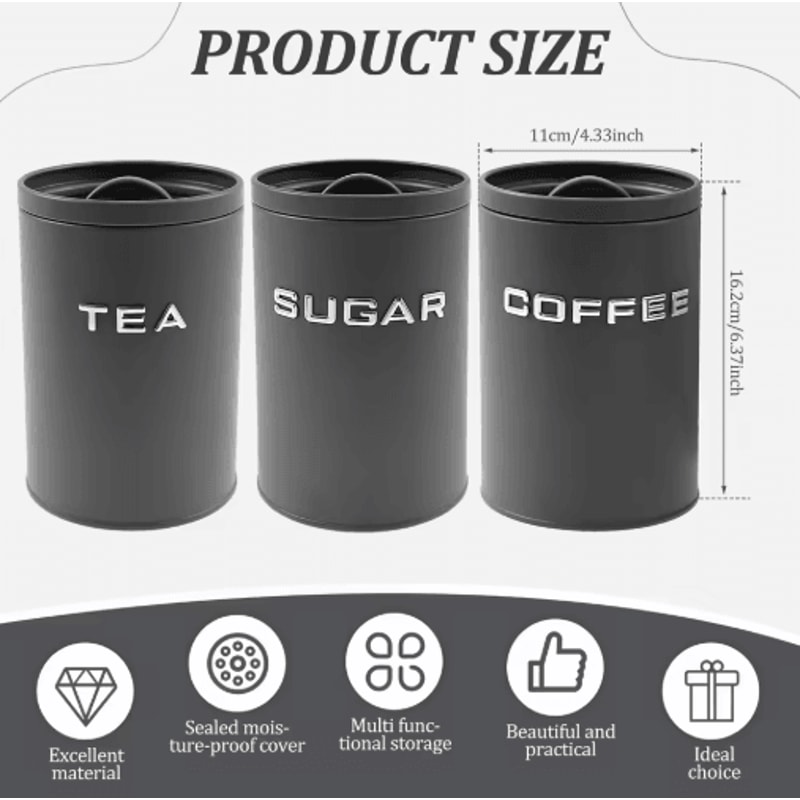 Airtight Coffee Tea Sugar Canister Set 3pcs Kitchen Countertop Storage Jars 11