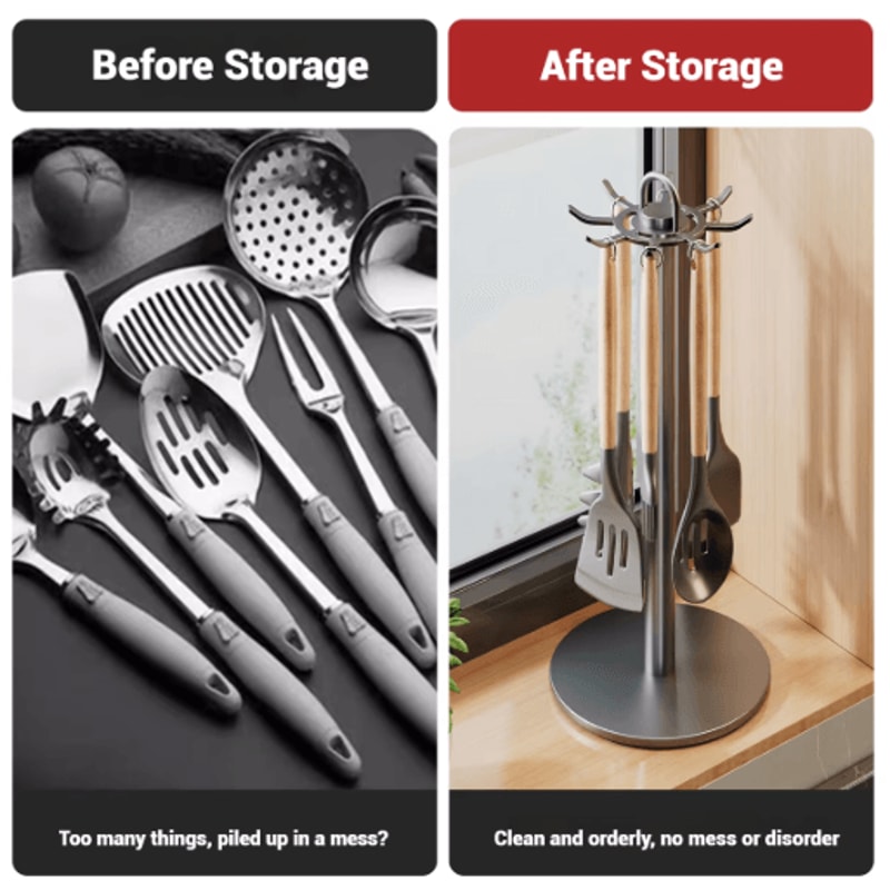Rotating Kitchen Utensil Stand With 8 Hooks SpaceSaving Countertop Organizer 6